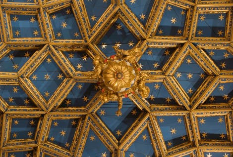 The blue and gold vaulted ceiling of the Chapel Royal at Hampton Court Palace