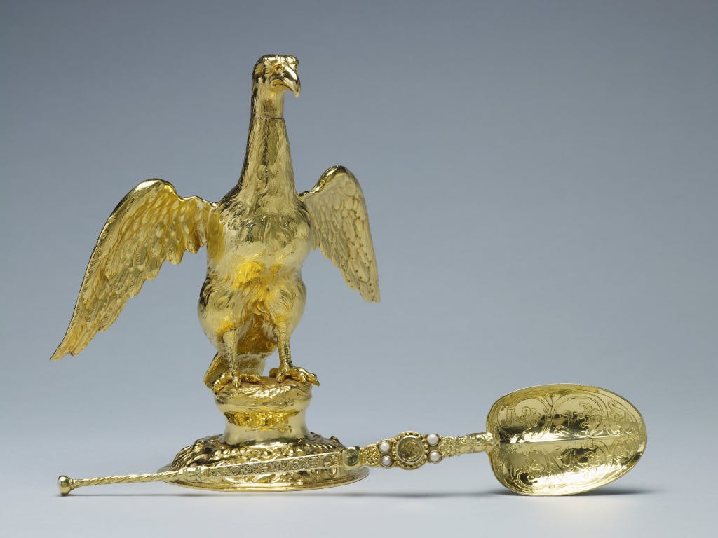 The twelfth century Coronation Spoon, shown here with the Ampulla