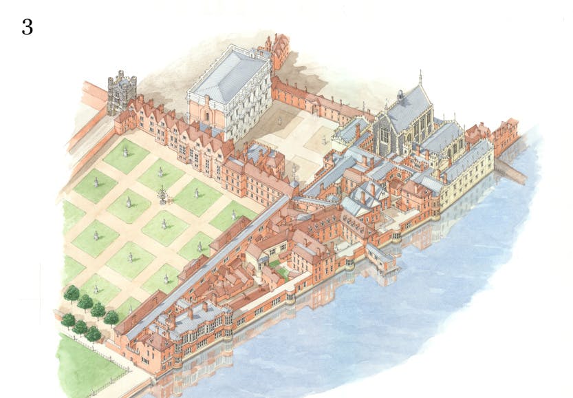 Whitehall palace in 1670 after the construction of the Banqueting House and Court Gate.