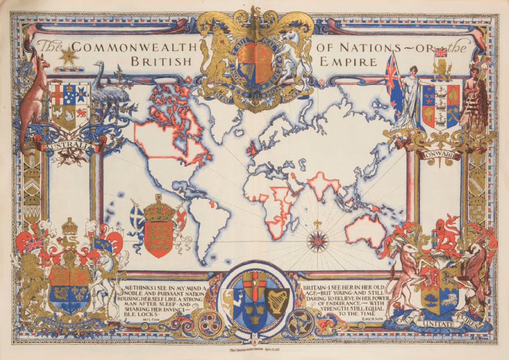 A souvenir leaflet published for the coronation of King George V in 1937, celebrating the recently established Commonwealth, with rousing quotations from the poets Milton and Emerson.
