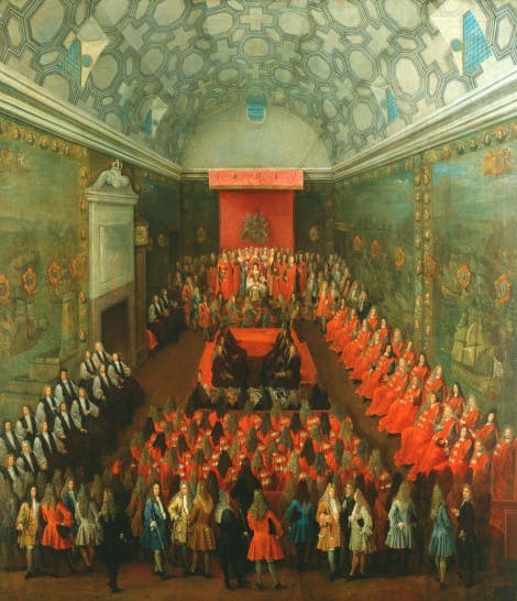 A painting depicting Queen Anne in the House of Lords.