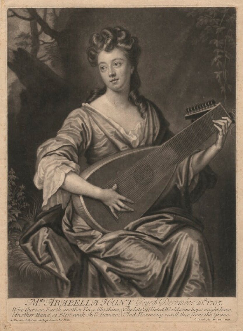 Arabella Hunt
by John Smith, after Sir Godfrey Kneller, Bt
mezzotint, 1706.