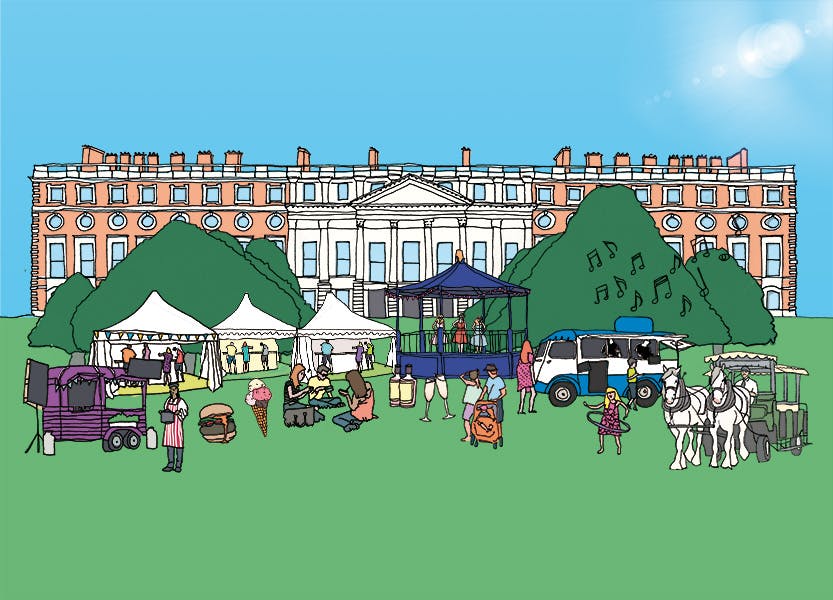 Illustration of Hampton Court Palace with people in front at festival.