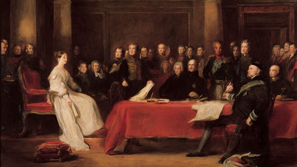 A painting depicting The First Council of Queen Victoria.