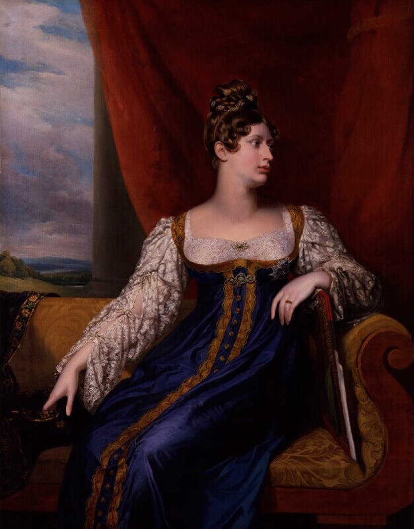 Portrait of Princess Charlotte Augusta of Wales, three-quarter length, sitting with her gaze turned towards her left.