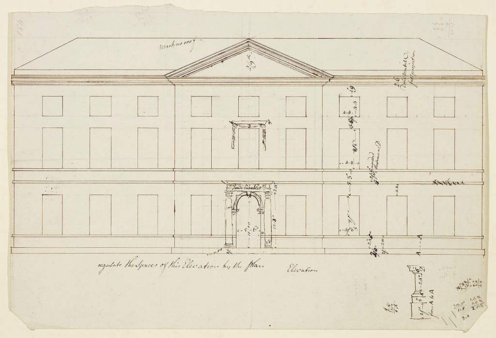 A pen and ink drawing showing an elevation of a building. With a central portico and measurements and notations. A small study of a Doric column is shown below to the right.