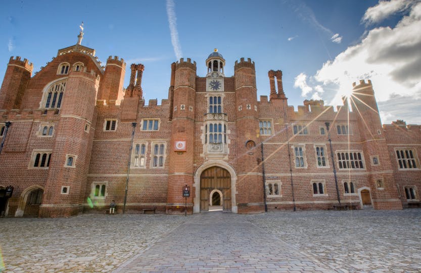 Directional view of the Anne Boleyn archway joining Base Court to Clock Court.