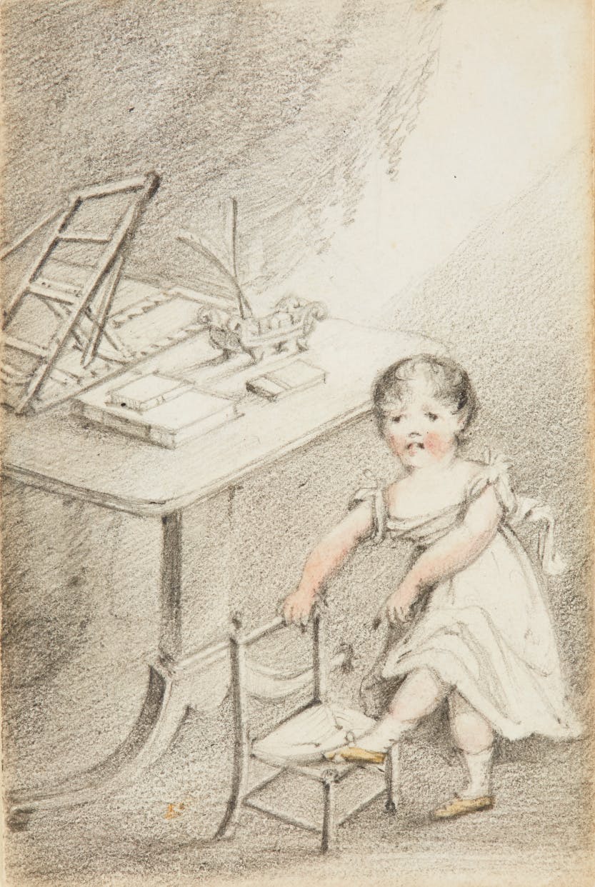 Lady Elizabeth Keith Heathcote (fl 1815-25),1822-3,
Watercolour and pencil drawing.
Princess Victoria climbing a miniature chair