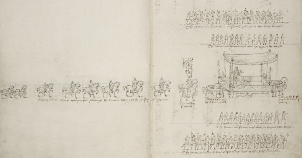 Drawing on paper of Elizabeth I's coronation procession