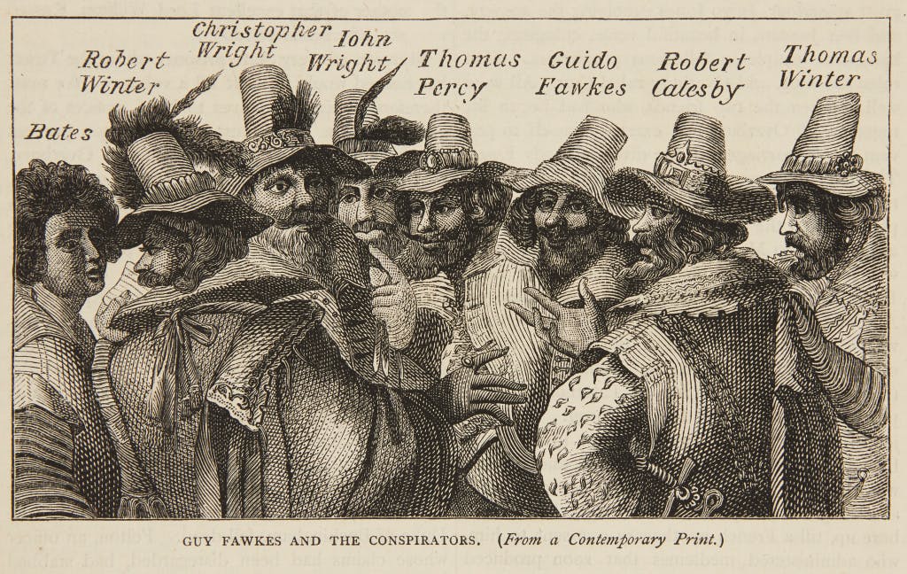 Illustration of the Gunpowder Plot conspirators with their names above them.