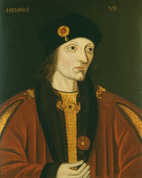 A man in rich clothing wearing the collar of the Order of the Garter and holding a red rose in his left hand, the emblem of the House of Tudor