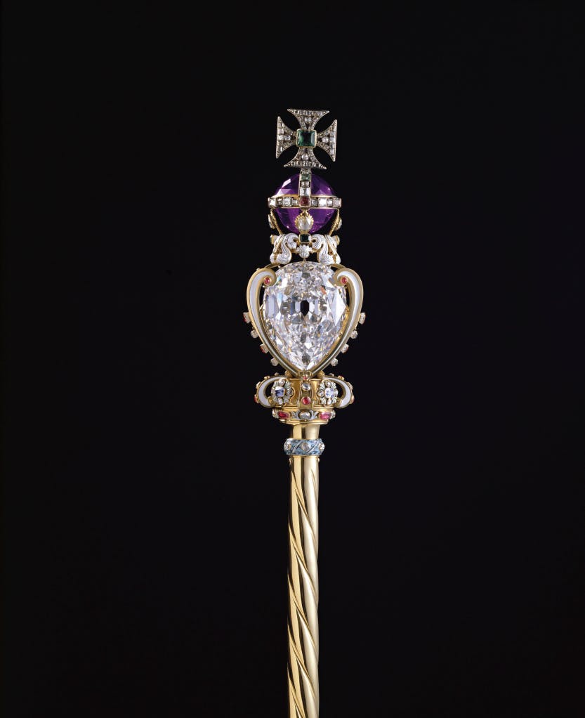 The Sovereign's Sceptre with Cross, made for the coronation of King Charles II in 1661 and used at every coronation since. Detail showing the monde and cross and the Cullinan I diamond.