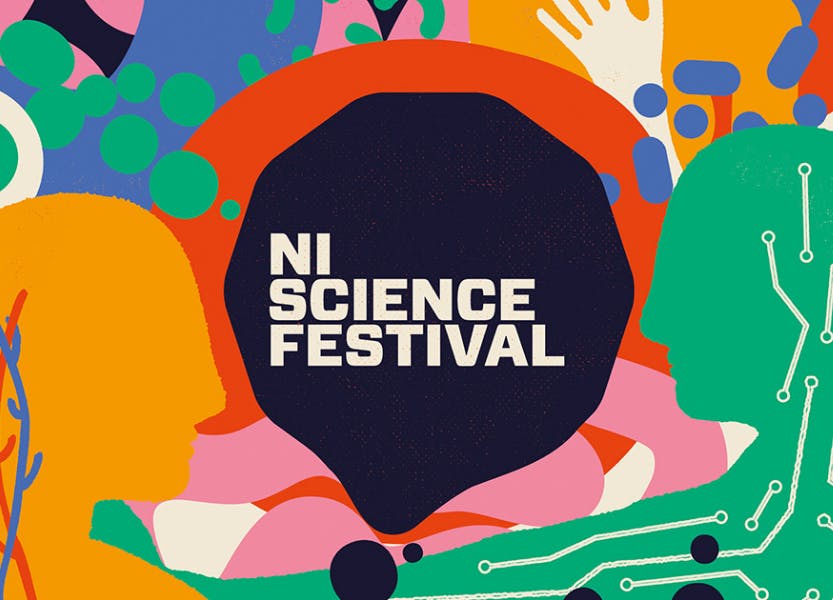 NI Science Festival 2022 illustration, showing colourful drawings of two silhouettes facing each other in the centre. Illustration of the brain and lungs, cells and the skeleton of a foot in the background.