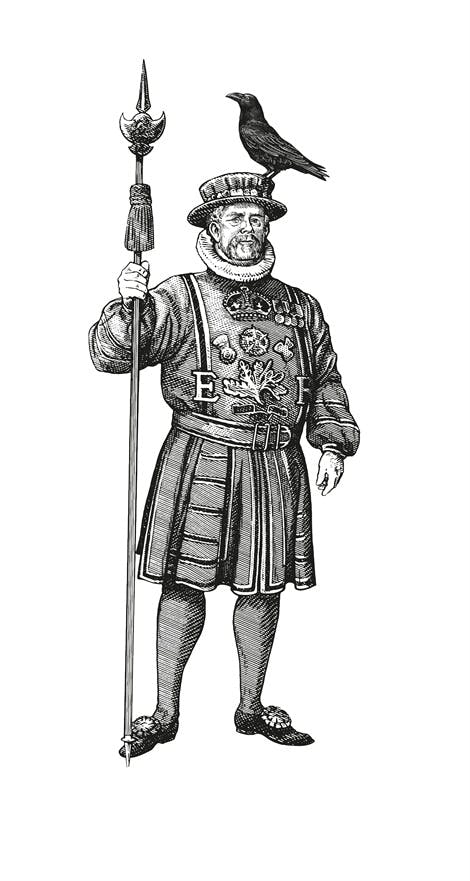Yeoman warder, standing with a Tower raven on his hat. Black and white illustration. (Against a white background.)