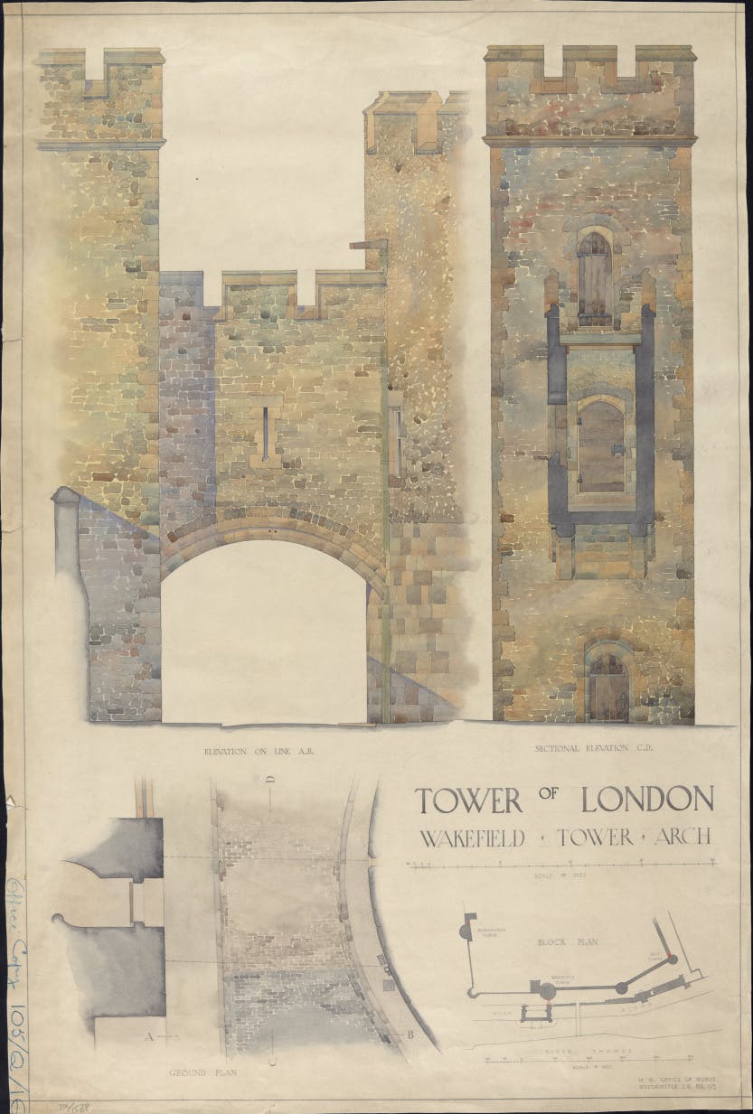 An architectural drawing of the medieval arch designed by architect Anthony Salvin at the Tower of London.