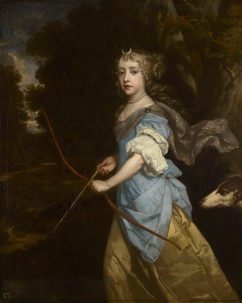 A full length portrait of a young Queen Mary II, when she was a princess, depicted in a flowing gown as the mythological goddess of hunting, Diana. She carries a bow and wears a crescent moon on her head.