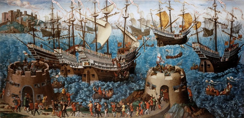 This bright painting shows Henry VIII and his fleet setting sail from Dover to Calais on 31 May 1520 on the way to meet Francis I at The Field of Cloth of Gold.