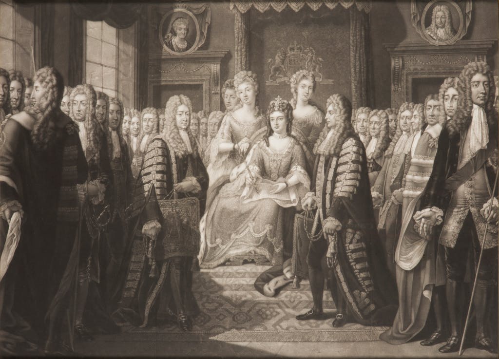 A black and white engraving by Valentine Green (1739-1813) from the drawing by Johann Gerhard Huck (c1759-1811) showing Queen Anne (1665-1714) receiving the articles of the Acts of Union between England and Scotland.

This Act came into effect on 1 May 1707 and created the single, United Kingdom of Great Britain.

Plate 12 from the twelve original drawings by Johann Gerhard Huck. The series of drawings is titled 'Acta Historica Reginarum Angliae’.