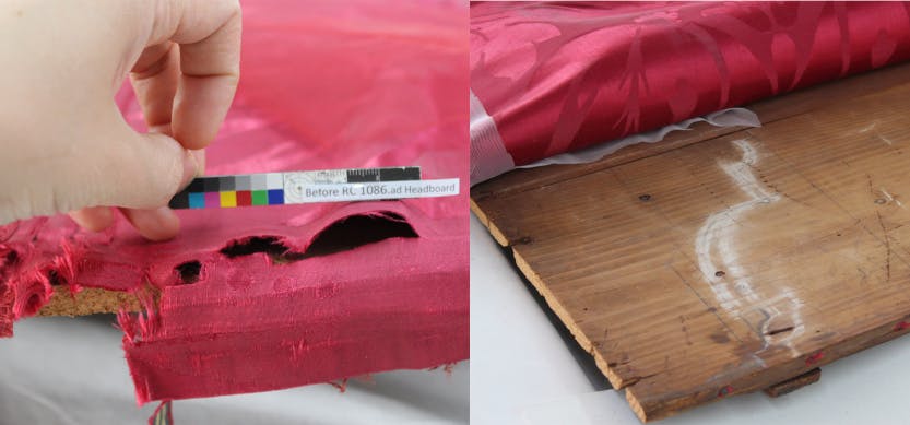 Conservation of the 18th Century headboard from Queen Caroline's State Bed. Split screen image. Showing splitting silk at the edges. Right: revealed drawings on the wood.