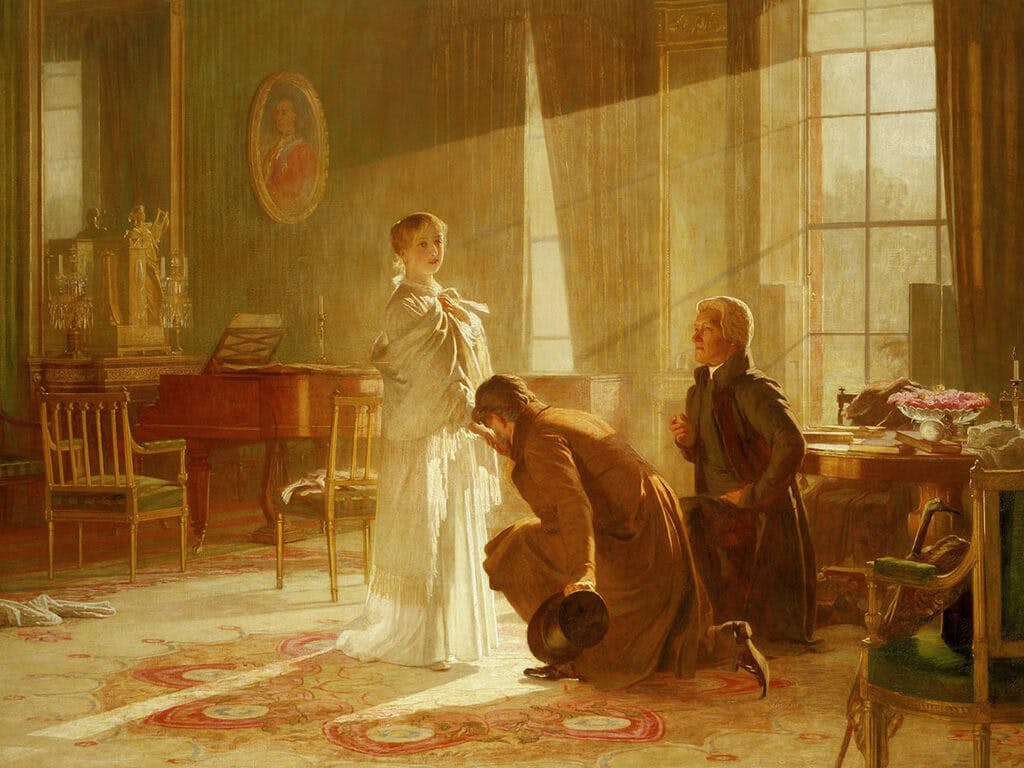 This painting depicts the moment in the early hours of the morning on Tuesday 20th June 1837 when Princess Victoria hears of her accession to the throne. She recorded the incident which took place at Kensington Palace in her journal; 'I was awoke at 6 o'clock by Mamma who told me that the Archbishop of Canterbury and Lord Conyngham were here and wished to see me. I got out of bed and went into my sitting room (only in my dressing gown) and alone, and saw them. Lord Conyngham (the Lord Chamberlain) then acquainted me that my poor Uncle, the King, was no more, and had expired at 12 minutes past 2 this morning and consequently that I am Queen '.

Surprisingly Queen Victoria did not commission this painting. Instead, Wells was inspired by the description of the incident he read in the Diaries of Miss Frances Williams Wynn and first attempted a much larger version which he exhibited at the Royal Academy in 1880 (Tate Gallery, London). This painting is a later version and the figures are grouped against a different background. Wells has included a portrait of Princess Victoria's father, the Duke of Kent and the still life objects on the table - a ball, book and flowers - allude to the childish pursuits the Princess will now have to abandon.