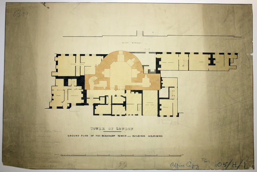 Survey of the Beauchamp Tower and surrounding houses showing those earmarked for destruction. Office of Works, with annotations and signed by Anthony Salvin, pencil, pen and coloured washes on paper, 1852.