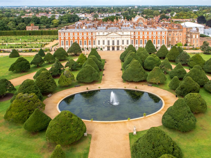 Aerial view of Great Fountain Garden at Hampton Court Palace showing Baroque East Front of palace and Great Fountain