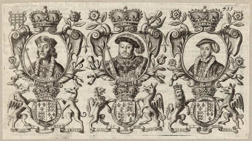 An engraving of King Henry VII; King Henry VIII, King Edward VI, which was published in 1677.