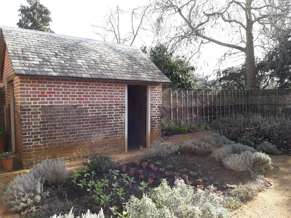 The Kitchen Garden, February 2019. Looking towards a newly planted vegetable plot and redbrick outhouse.