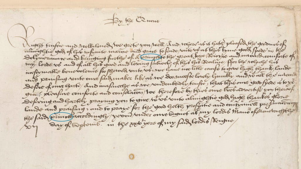 A letter announcing Elizabeth I's birth, written in advance when Henry VIII and Anne Boleyn were confident they would have a son instead of a girl. The word 'princess' is circled twice in blue.