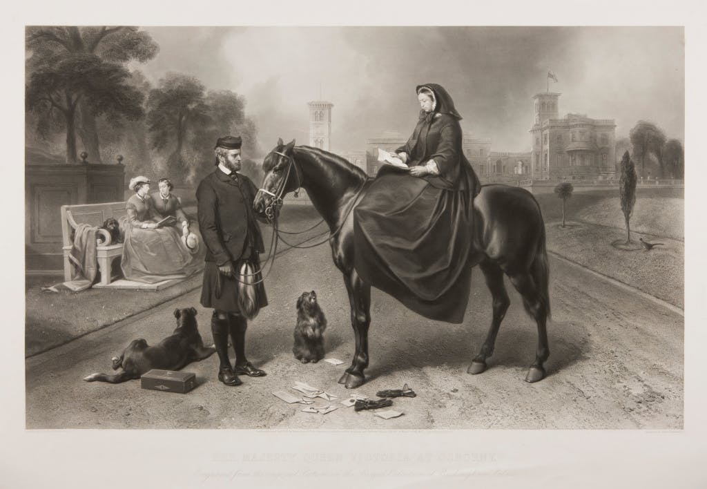 'Her Majesty Queen Victoria at Osborne' 1872 by James Stephenson (1828-86). A Mezzotint of Queen Victoria (1837-1901) seated side-saddle on a horse with John Brown, in highland dress, holding the reins of the horse. On the left are two of the Queen's daughters, Princesses Helena and Louise, seated on a bench.