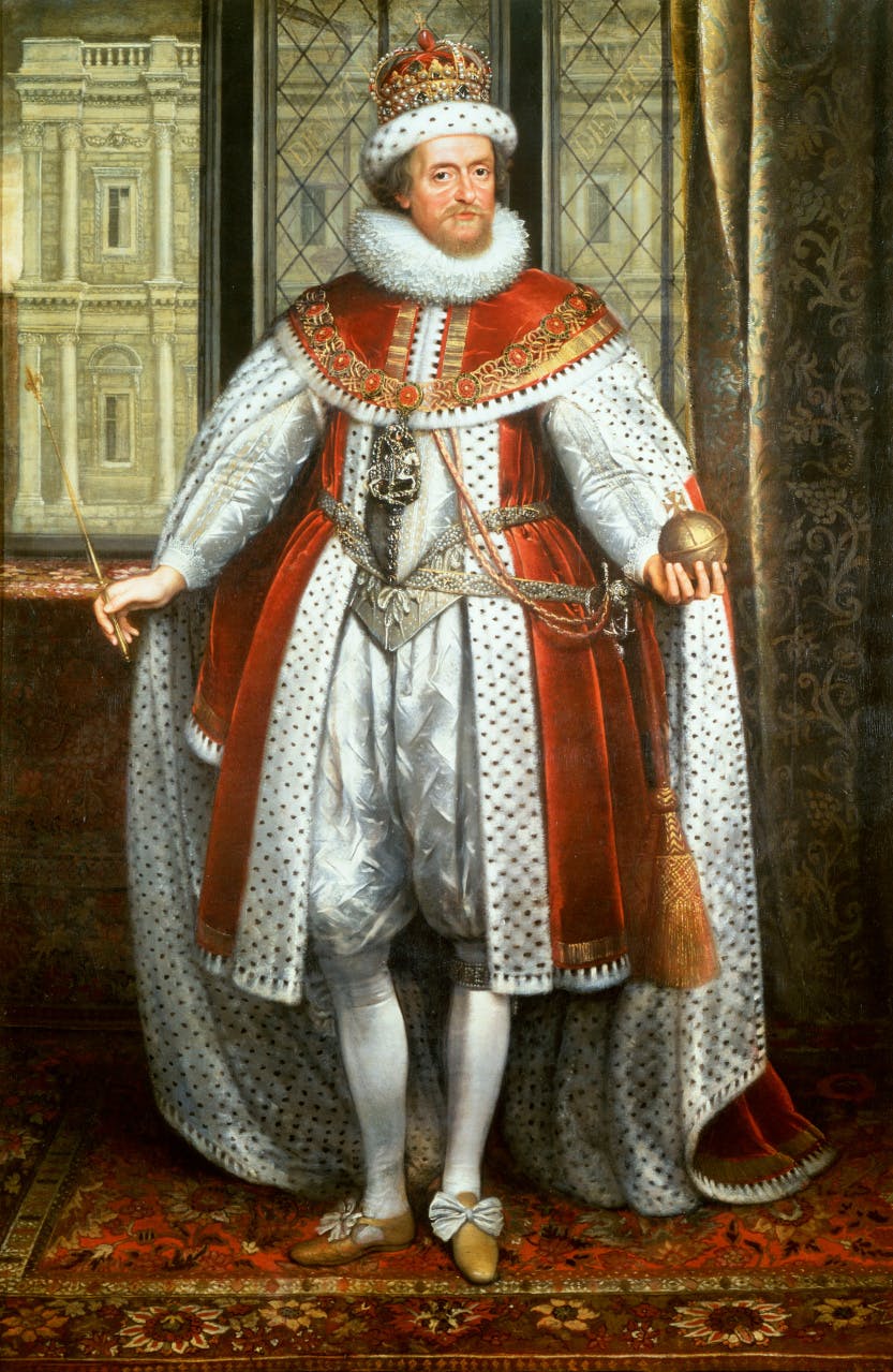 James I presented as an imposing monarchical presence, the orb in his left hand and the sceptre in his right, crowned and sporting the collar and badge of the Order of the Garter. He stands in front of a window within Whitehall Palace with a direct view towards the Banqueting House.