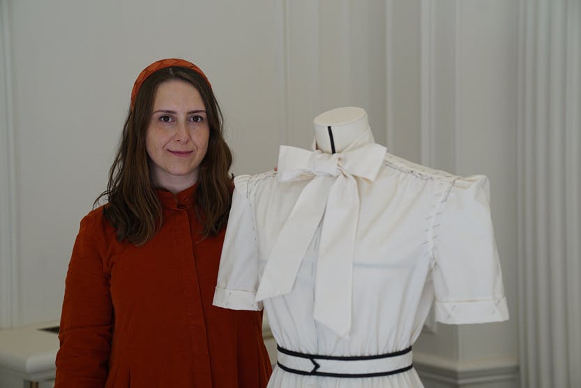 Beatrice Farmer with her toile inspired by one of Diana’s favourite designers, David Sassoon.