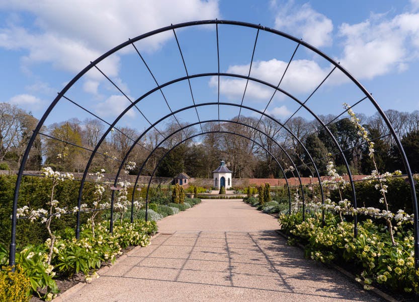 The Walled Garden showing an arch lined with flowers at the base over a pathway.