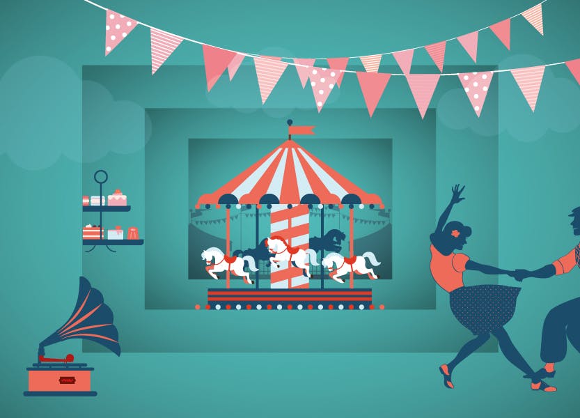 Illustration of a carousel with a cake stand and silhouetted figures dancing