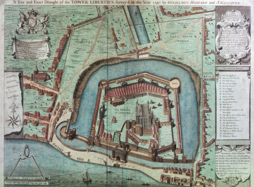 Engraving of a combined plan and bird's-eye view of the Tower of London prepared in 1597.