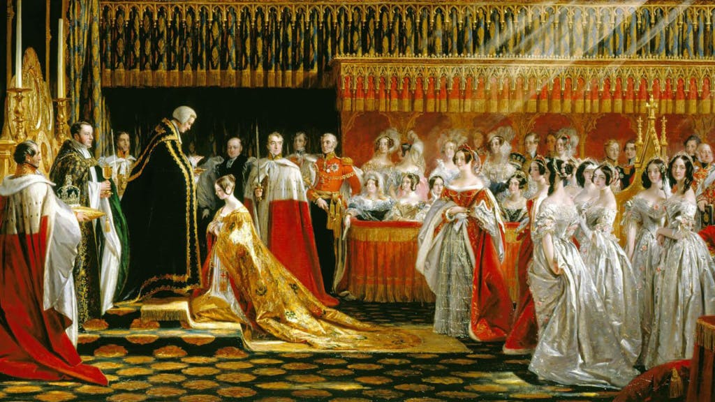 Painting showing Queen Victoria, wearing the Dalmatic Robe but not the Crown and no jewels, receiving the Sacrament towards the end of the ceremony of her Coronation.