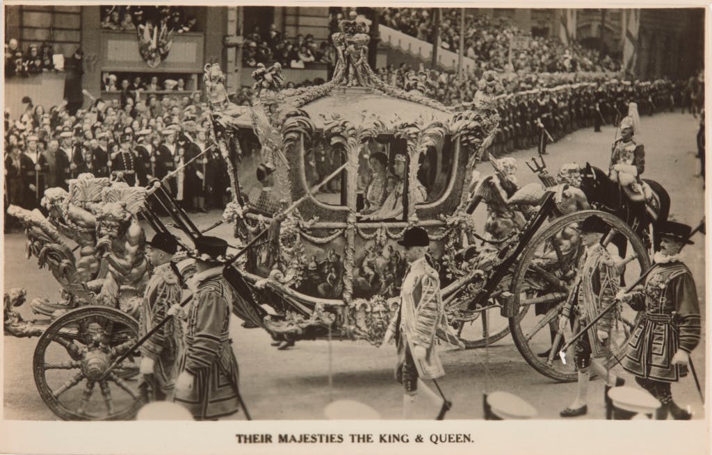 Postcard depicting King George VI (1936-52) and Queen Elizabeth (1900-2002) in the State Coach on their way to their coronation, 12 May 1937
