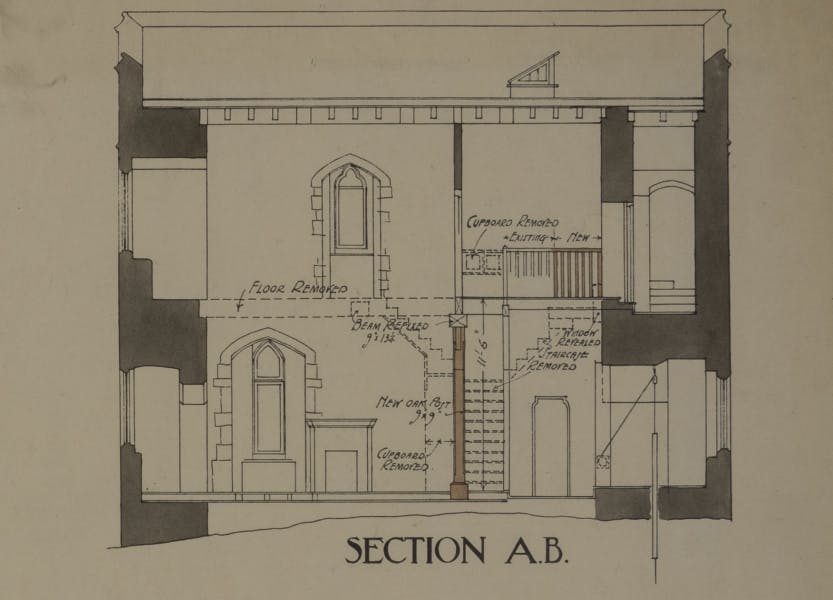 Black and white architectural plan showing a two storey building with the words 'Section A.B.' below.