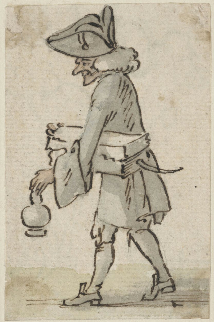 A pen and ink drawing of a ratcatcher, walking to the left holding a jar or lamp, and a trap with a tail protruding from its end.