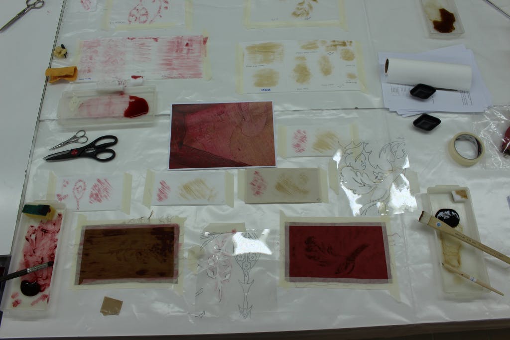 Conservation of Queen Caroline's State Bed. Samples of dyeing and painting silk to find a damask alternative for patches.