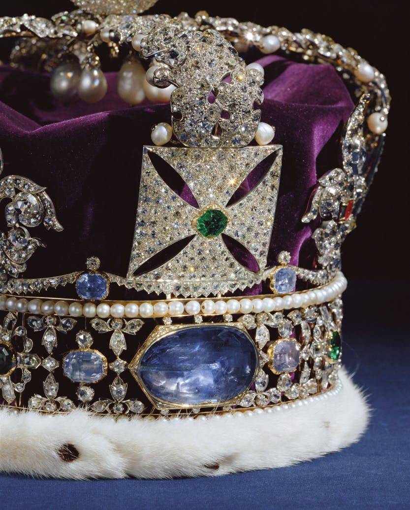 Photograph of the Imperial State Crown (detail), made for the coronation of King George VI in 1937 and worn by HM Queen Elizabeth II for her coronation in 1953. Back view showing the Stuart Sapphire.