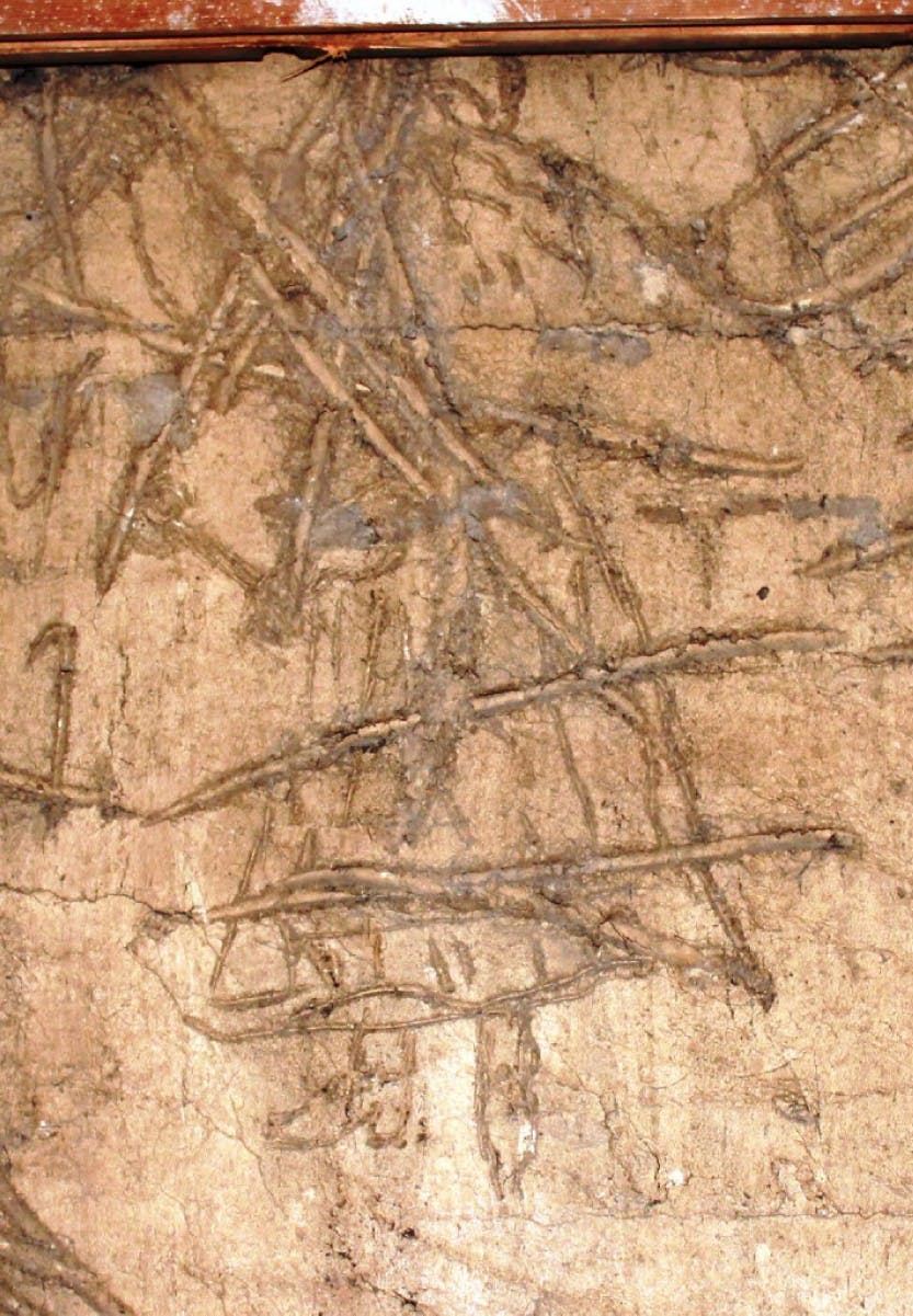 This drawing was found scratched into a plaster wall during conservation work in the Cumberland Suite at Hampton Court Palace. It was covered with wooden panelling for 300 years. Presumably drawn by a bored workman when the wall was built in the 1730s, you can clearly see some charming shoes and the beginnings of a dress. Unfortunately, the rest of the figure has been aggressively scratched out. Whether this was done because the artist made a mistake or because they suddenly realised their supervisor was watching we shall never know.