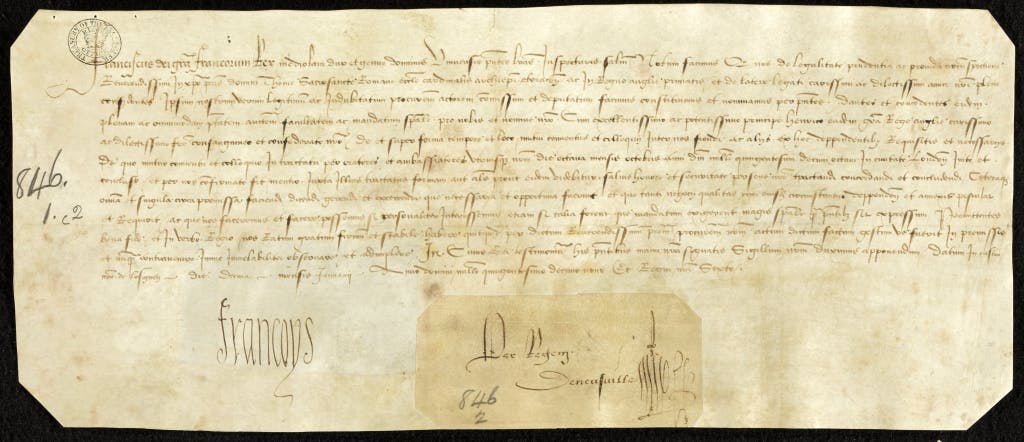 Autograph letter from Francis I to Thomas Wolsey permitting him to arrange meeting with Henry VIII.