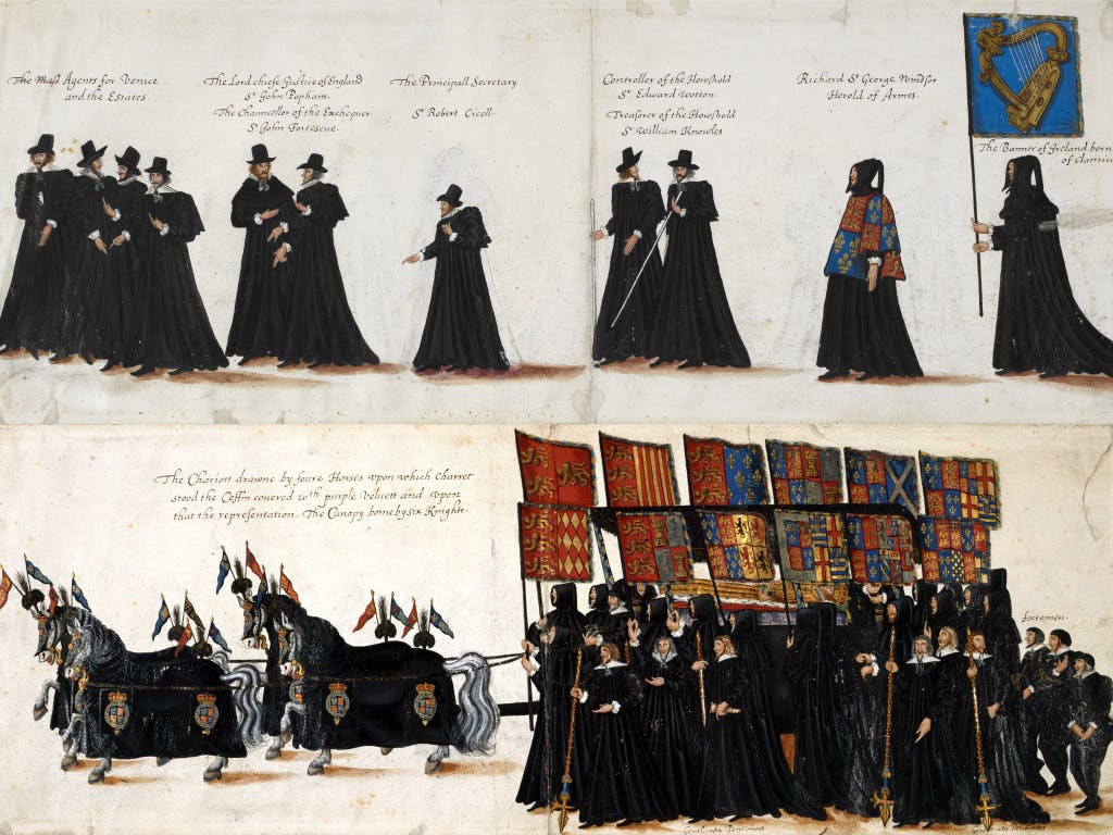 Illustration of the funeral procession of Queen Elizabeth I to Westminster Abbey, 28 April 1603. The chariot is drawn by four horses. The coffin is covered in purple velvet on which lies an effigy of the Queen. The canopy is born by six knights, with Gentlemen Pensioners and footmen.