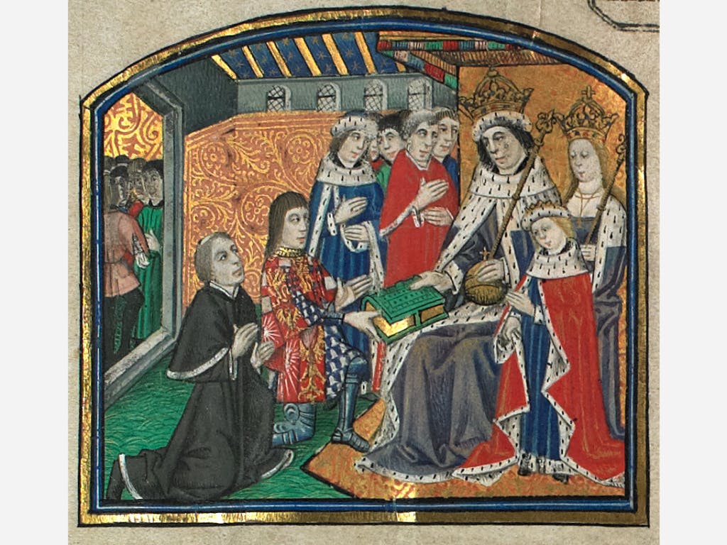 A colourful manuscript image showing Earl Rivers, Elizabeth Woodville's father, kneeling and presenting his translation of a book to the king with his son to the King, Edward IV, and his wife Elizabeth Woodville.