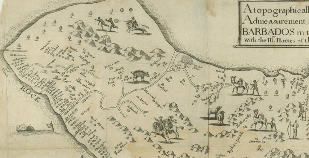 This seventeenth-century map of Barbados shows the figures of two enslaved men running away and being chased by an armed man on horseback