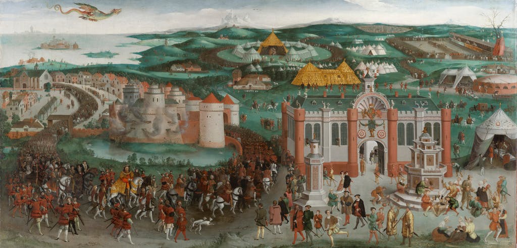 A large painting depicting a 16th-century event. The right hand foreground is dominated by a palace. Behind the temporary palace are the King’s golden dining tent and the ovens and tents